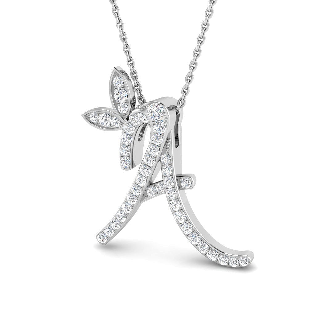 Paved Initial Diamond Pendant with Leaf Design | Custom A-Z Pendant without Chain