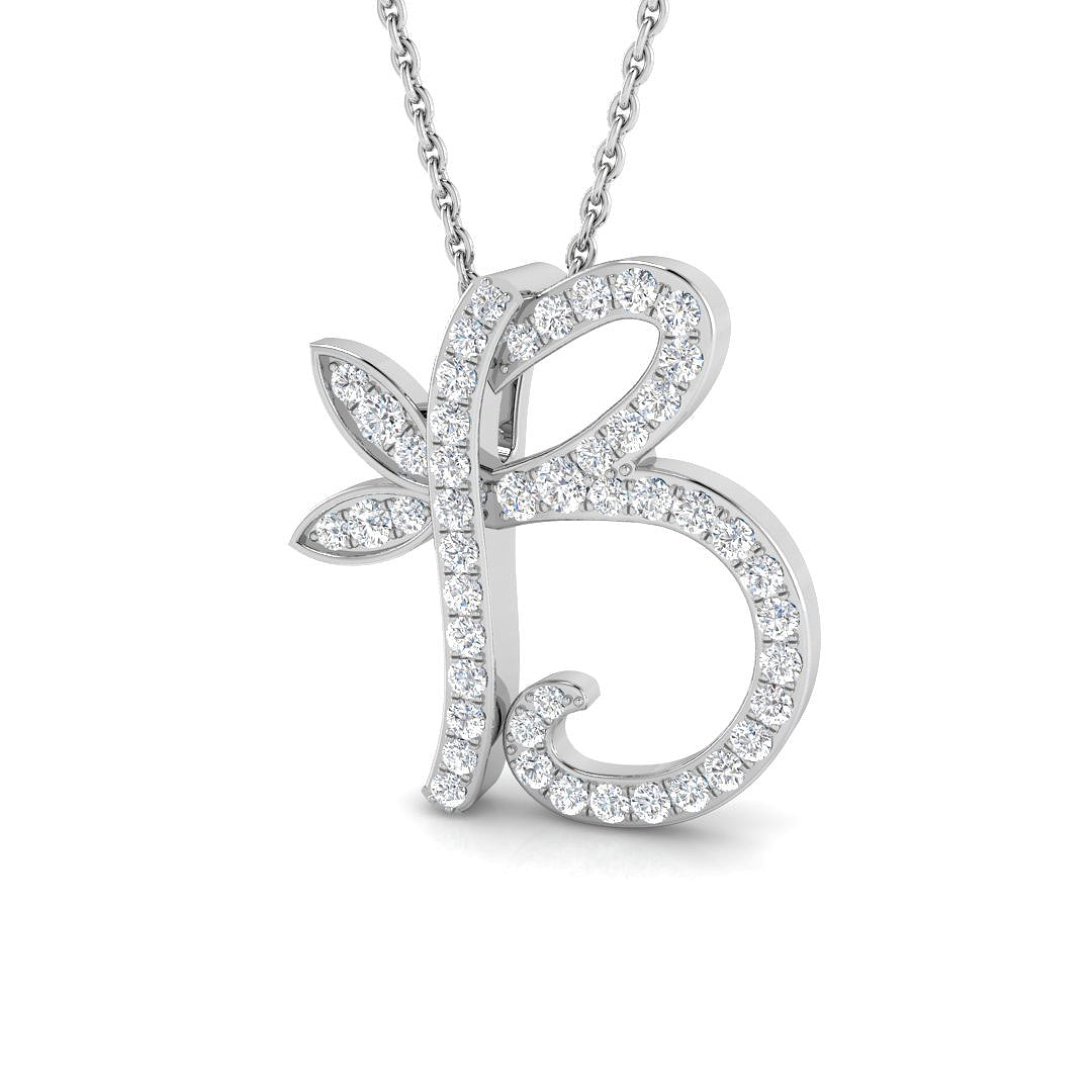 Paved Initial Diamond Pendant with Leaf Design | Custom A-Z Pendant without Chain