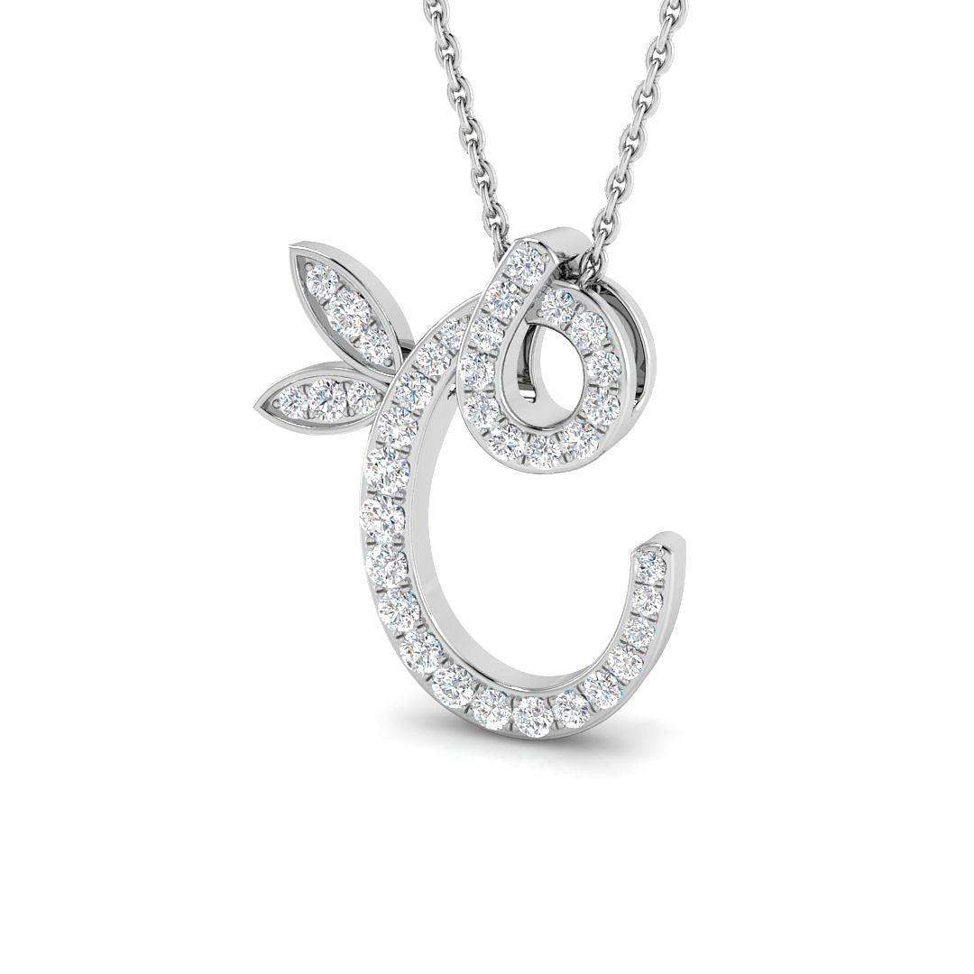 Paved Initial Diamond Pendant with Leaf Design | Custom A-Z Pendant without Chain