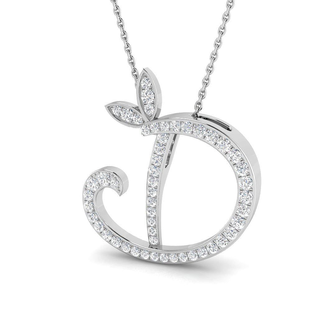 Paved Initial Diamond Pendant with Leaf Design | Custom A-Z Pendant without Chain