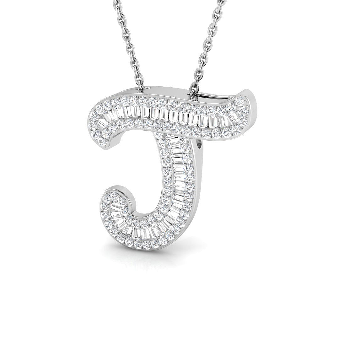 Diamond Script Initial Pendant with Baguette and Round Diamonds