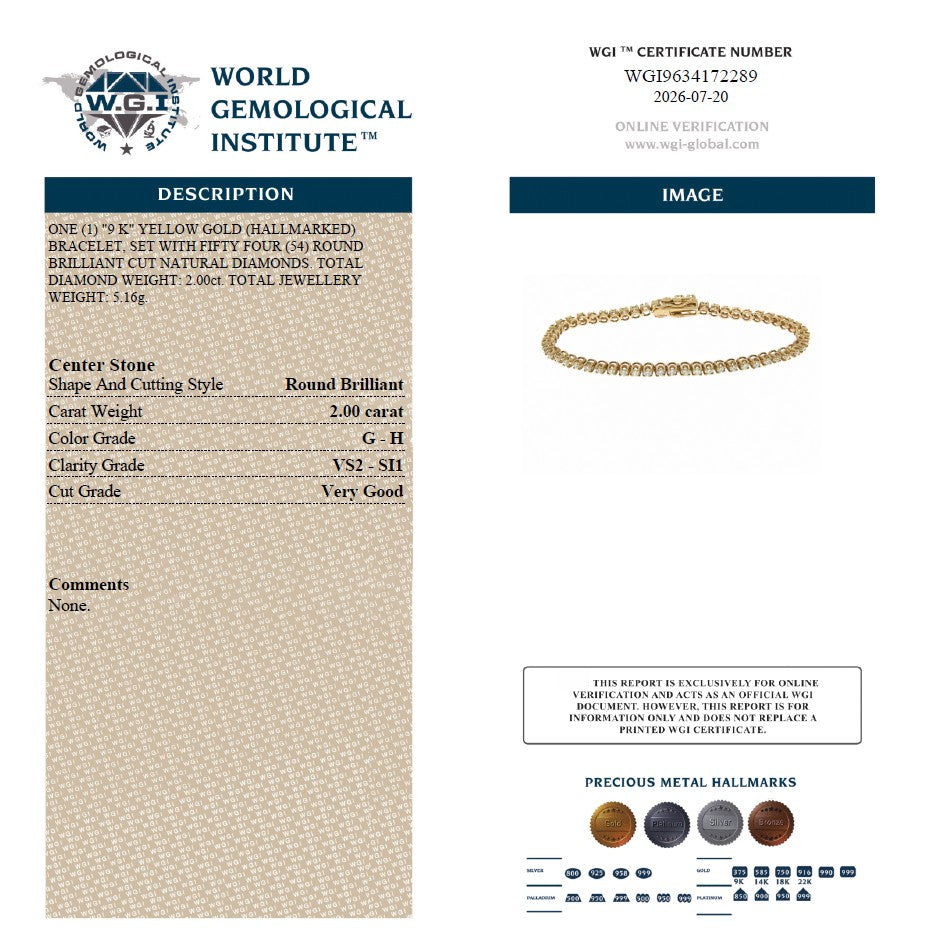 WGI 2.00Ct Natural Round Diamond Tennis Bracelet 9k Yellow Gold Ready To Ship