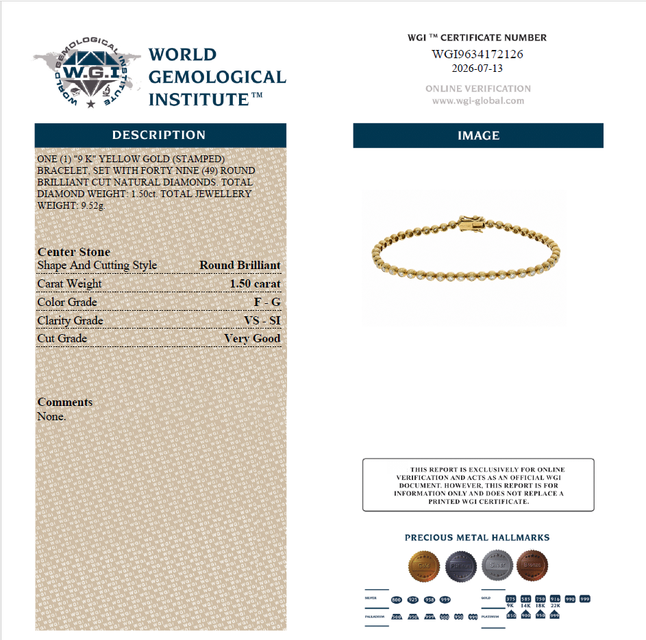 WGI 1.50Ct Natural Round Diamond Tennis Bracelet 9k Yellow Gold Ready To Ship