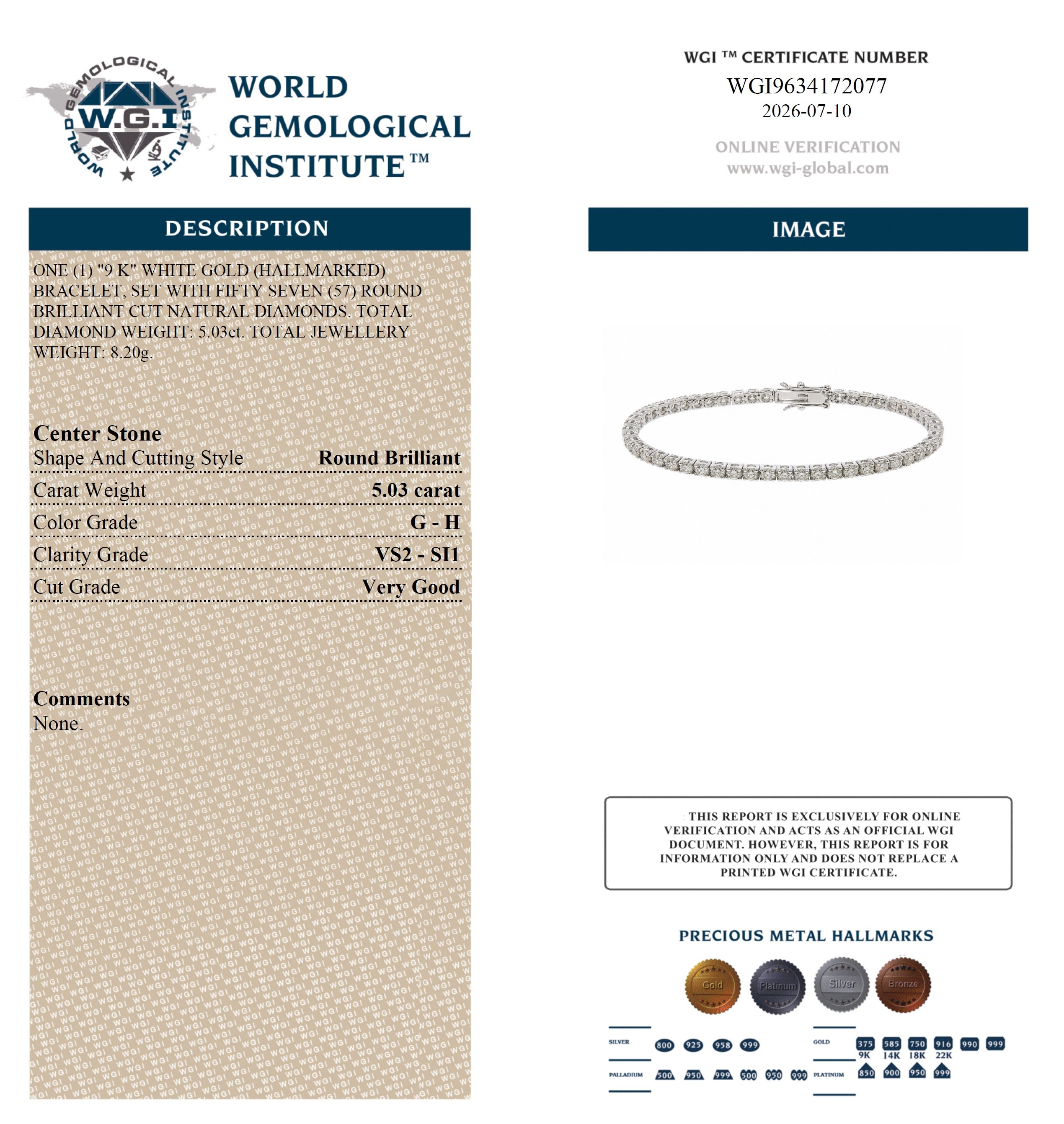 WGI 5.03Ct Natural Round Diamond Tennis Bracelet 9k White Gold Ready To Ship