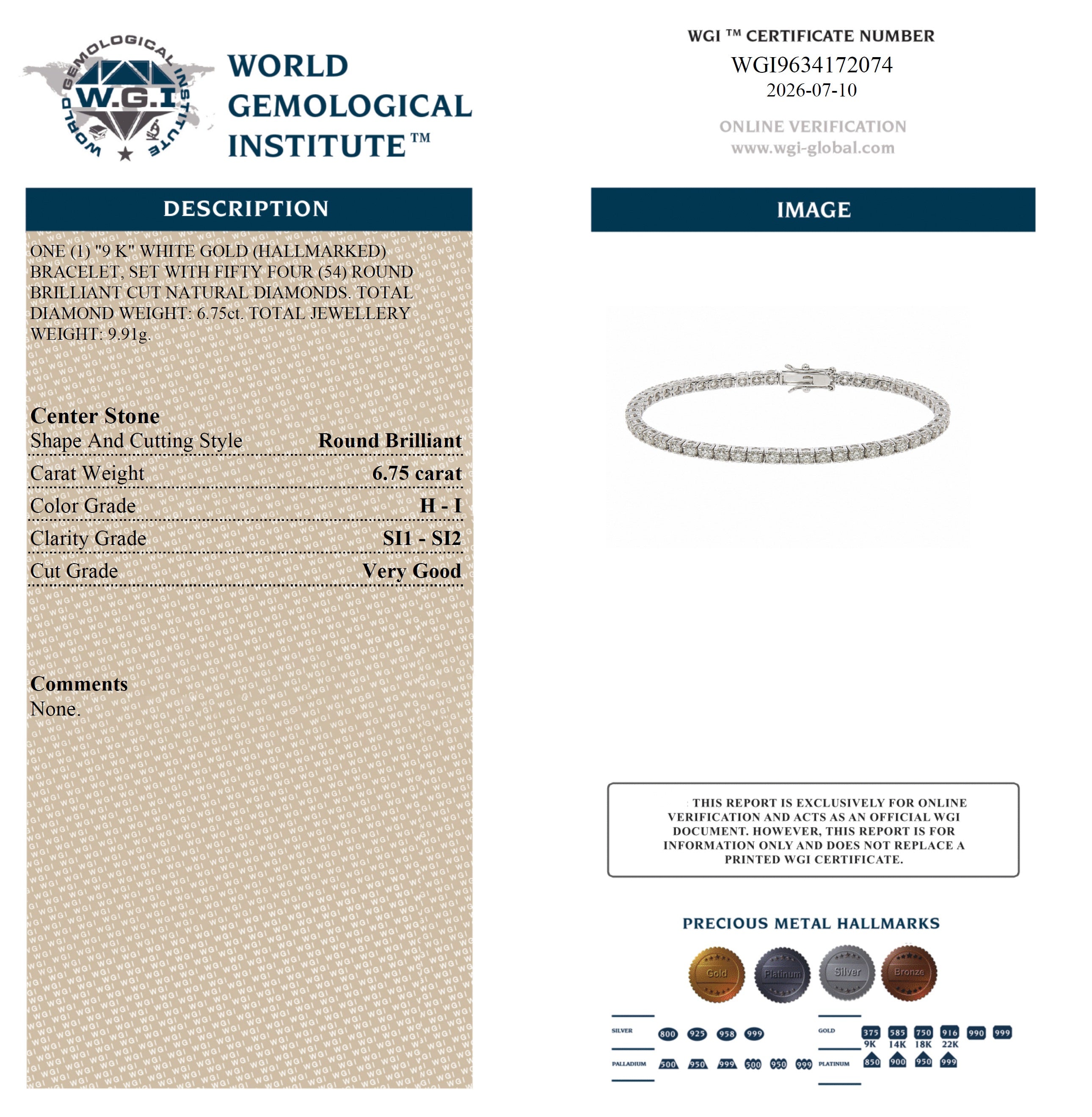 WGI 6.75Ct Natural Round Diamond Tennis Bracelet 9k White Gold Ready To Ship