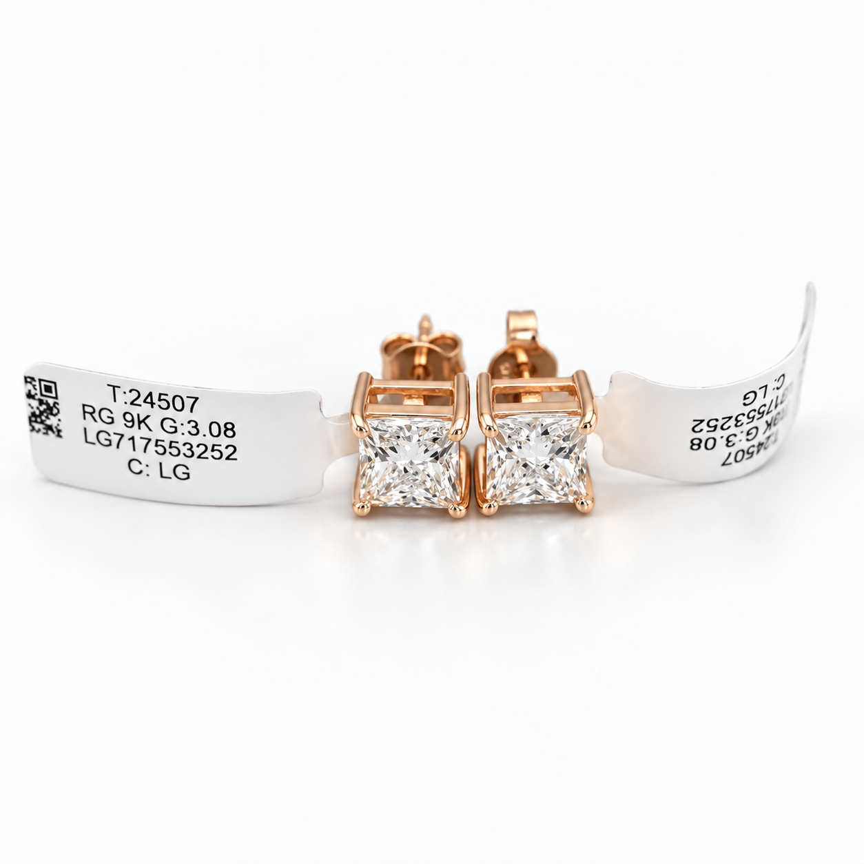 Ready To Ship IGI 5.07Ct D/VVS Lab Grown Princess Diamond Stud Earring 9k Rose Gold
