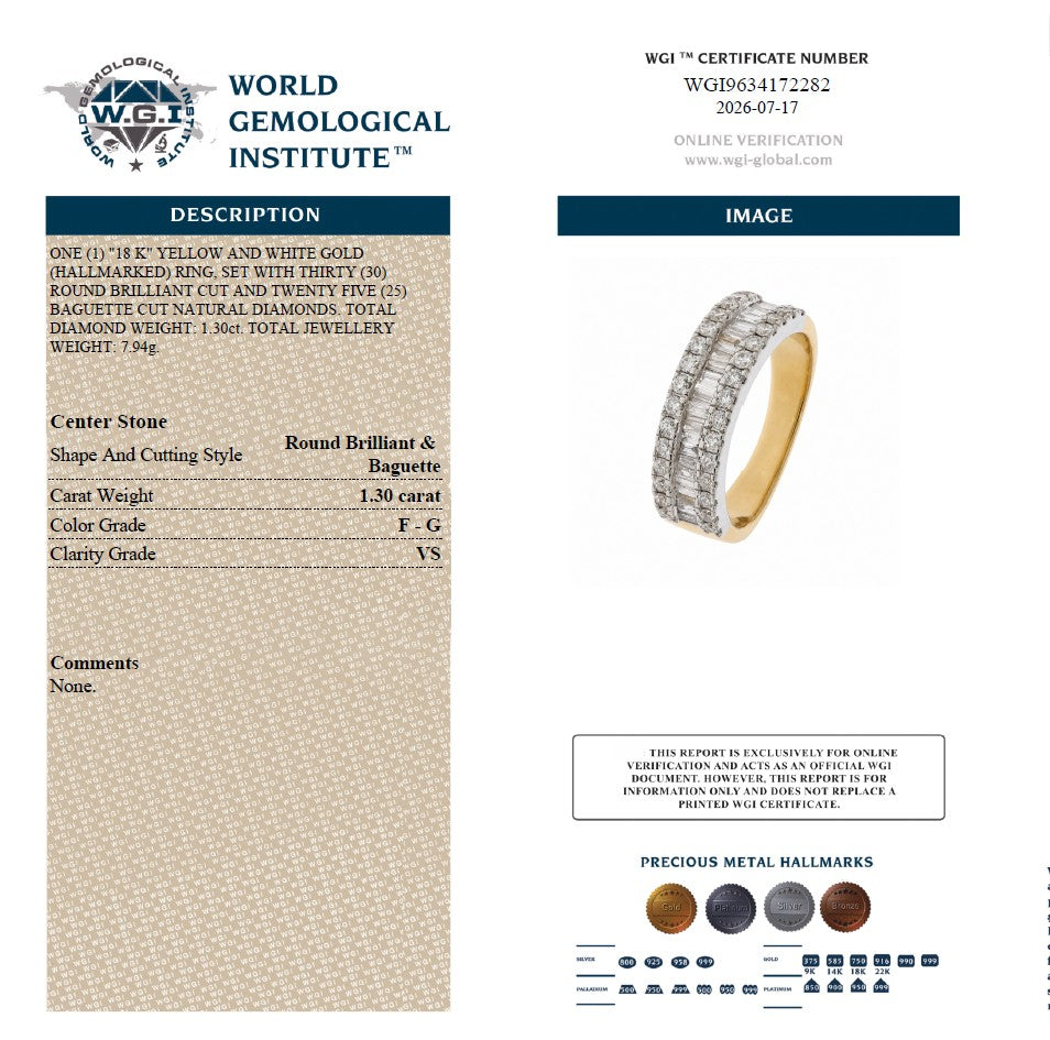 WGI 1.30Ct Natural Baguette & Round Diamond Half Etenrity Ring 18k Yellow Gold Ready To Ship