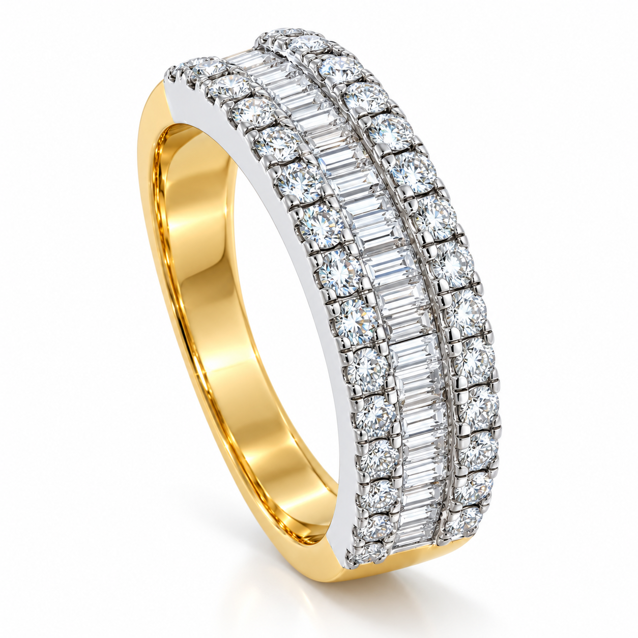 WGI 1.30Ct Natural Baguette & Round Diamond Half Etenrity Ring 18k Yellow Gold Ready To Ship