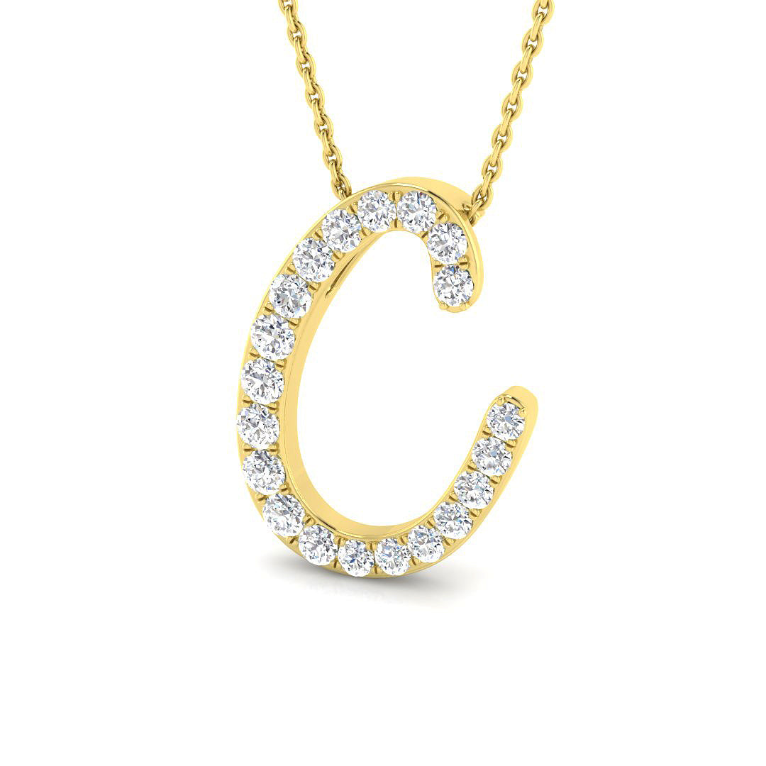 Diamond Script Initial "C" Pendant Necklace Yellow Gold
