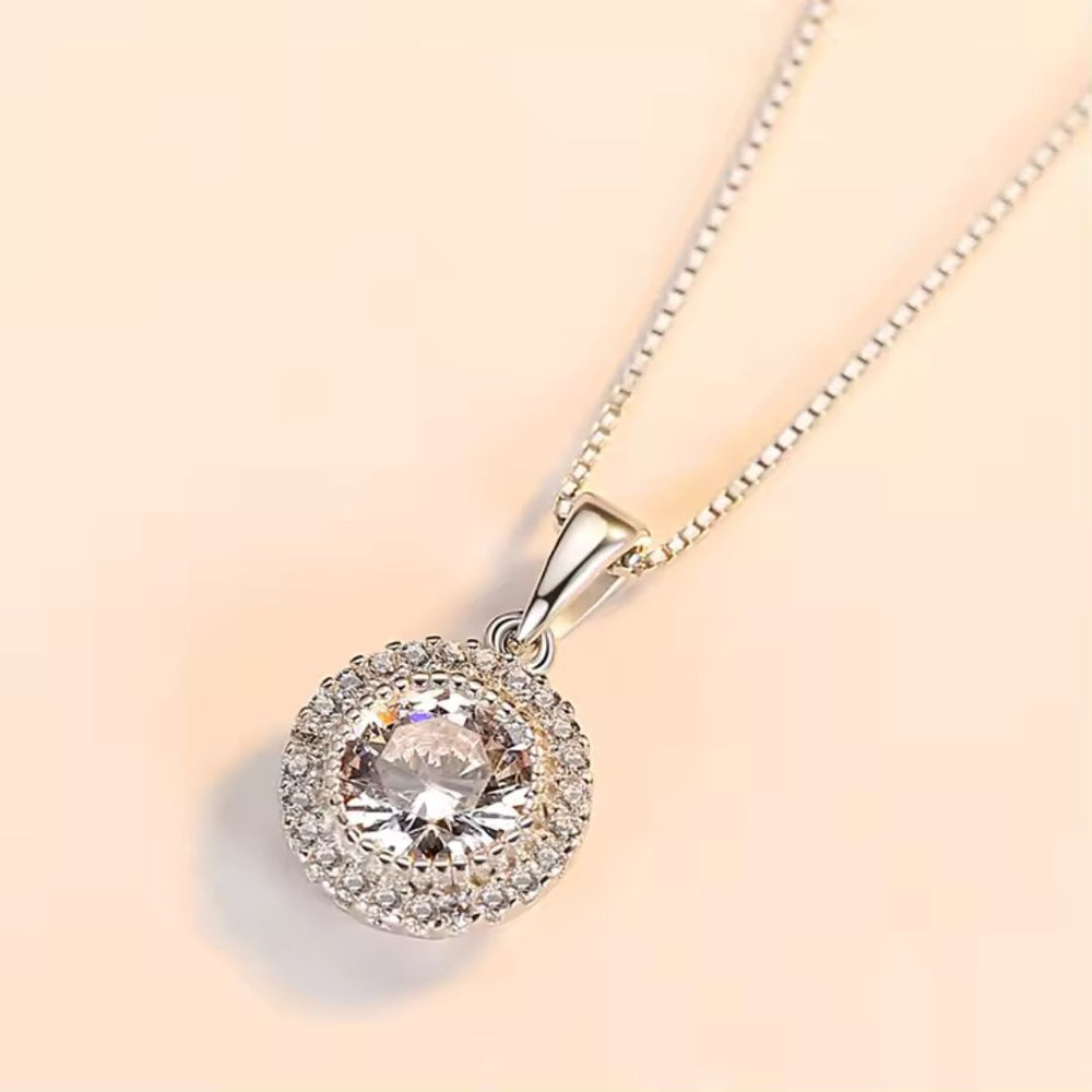 0.50ct Round Solitaire Lab Grown Diamond Halo Pendant Necklace in 9K White Gold with Silver Chain