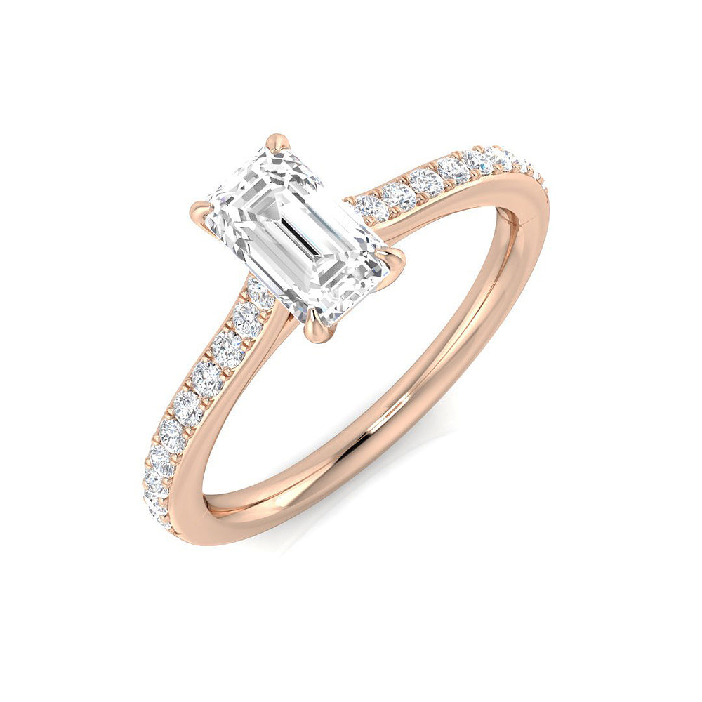 Lab Grown Round & Emerald Cut Prong Set Diamond Pavé Engagement Ring rose gold