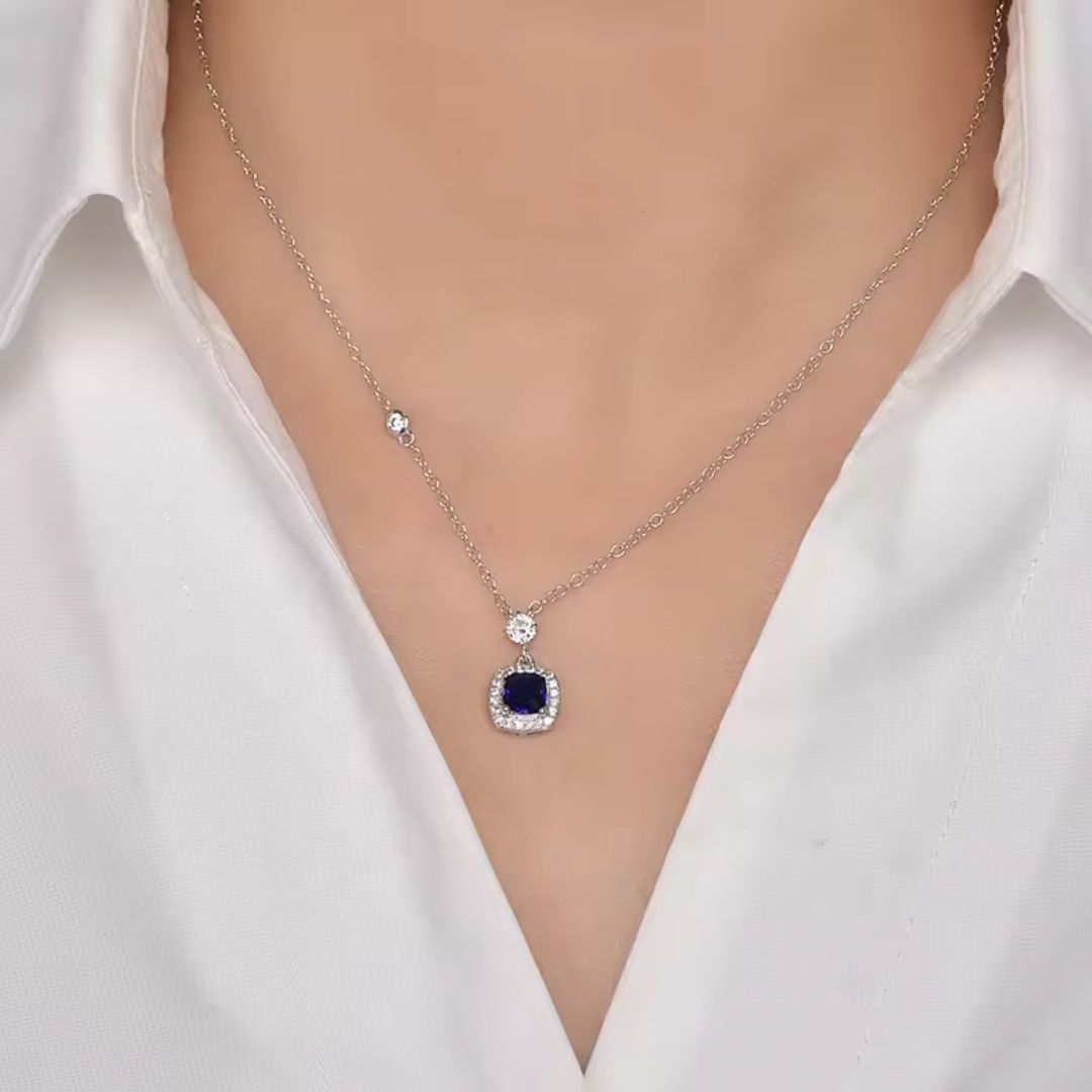 Lab Sapphire and Round Diamond Solitaire Pendant in Silver