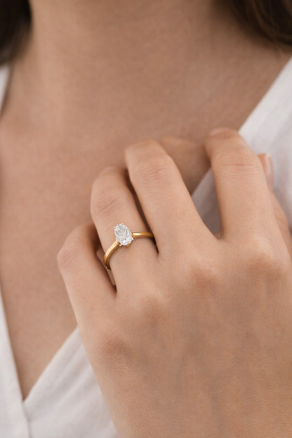 Oval cut diamond solitaire engagement ring in white gold with classic prong setting, available in natural or lab grown diamond.