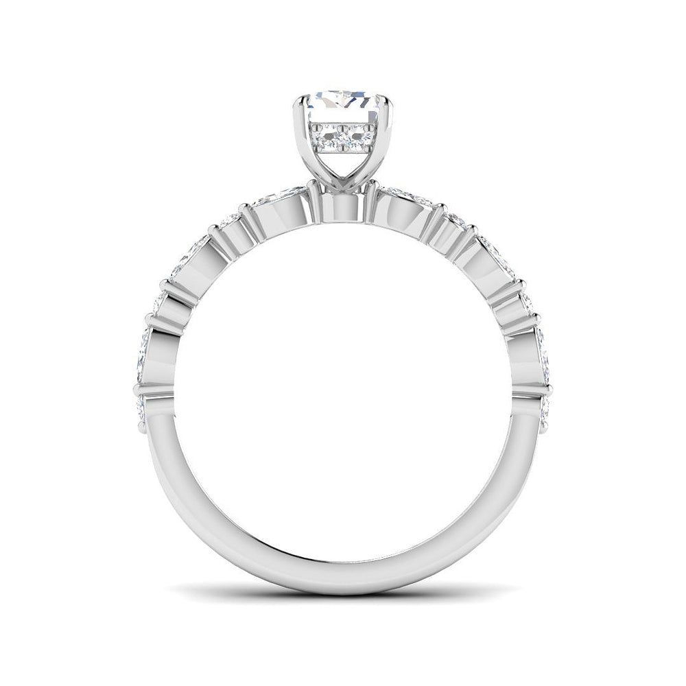 Luxury emerald cut diamond ring with marquise side stones crafted in polished white gold