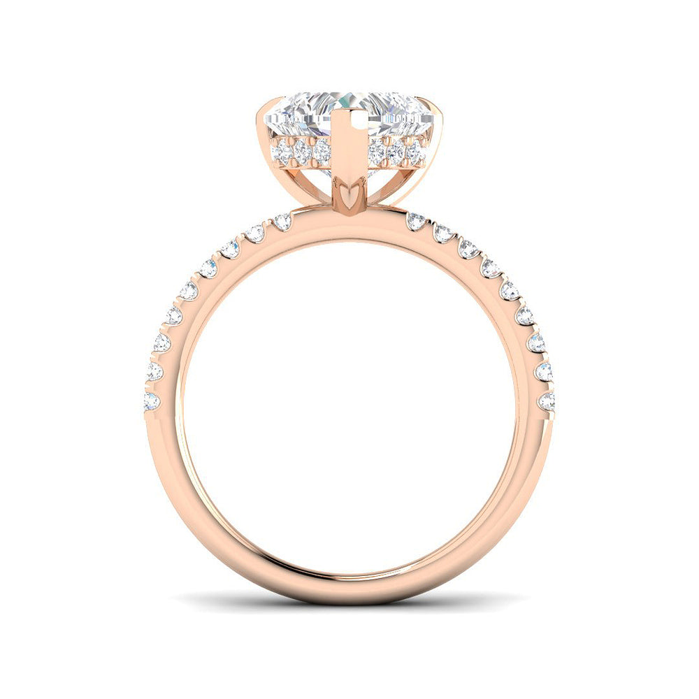 Luxury heart shape diamond solitaire engagement ring with pavé band in rose gold showcasing a brilliant natural or lab grown diamond