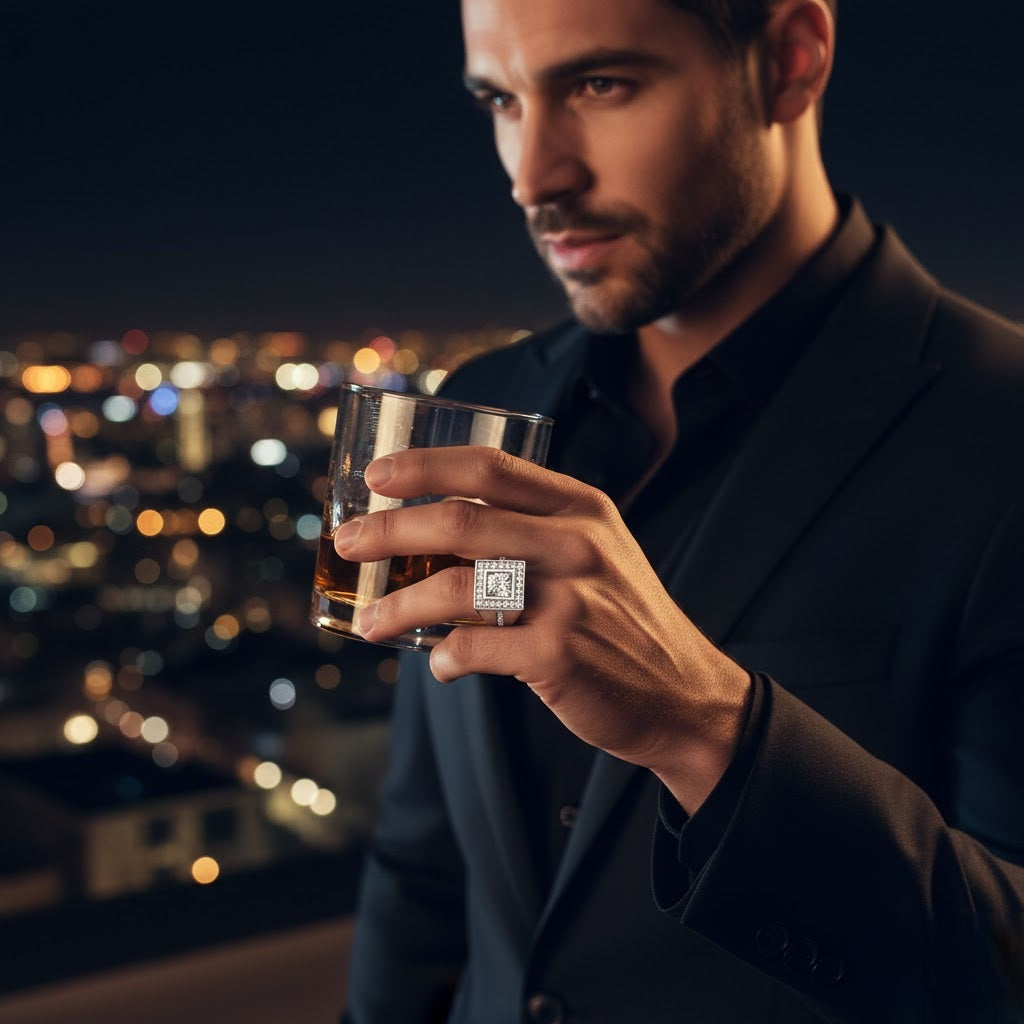 Luxury men’s diamond ring with square-cut center stone