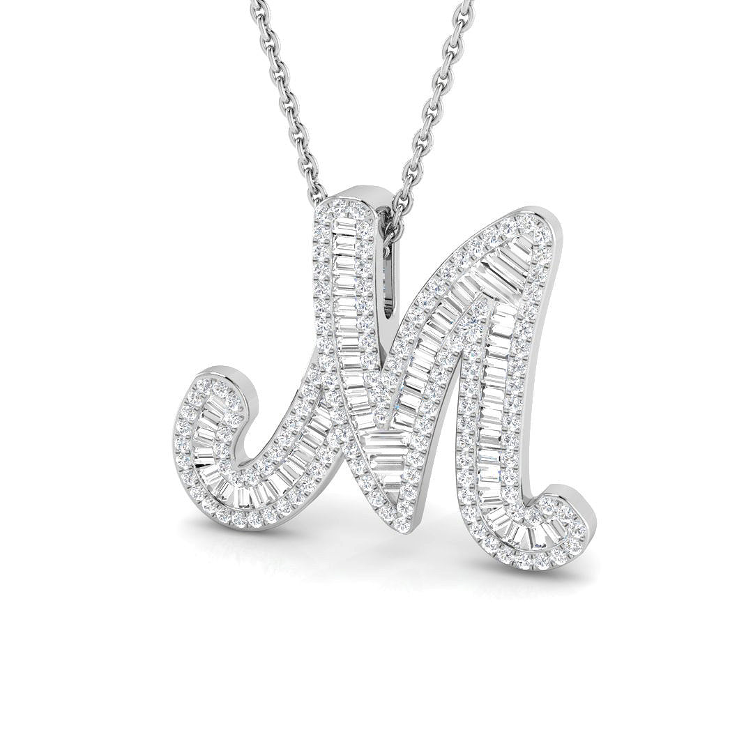 Diamond Script Initial Pendant with Baguette and Round Diamonds