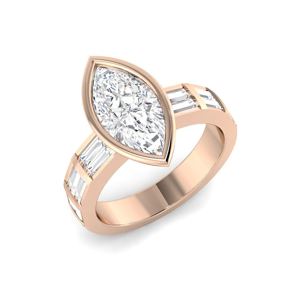 Elegant marquise diamond solitaire engagement ring in rose gold showcasing a natural diamond F–G color, VS–SI clarity or IGI certified lab grown diamond D color, VVS clarity.
