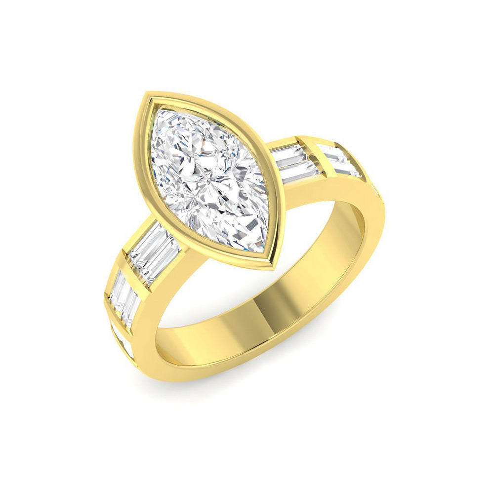 Marquise diamond solitaire ring in yellow gold with a natural diamond F–G color, VS–SI clarity or IGI certified lab grown diamonds D color, VVS clarity.