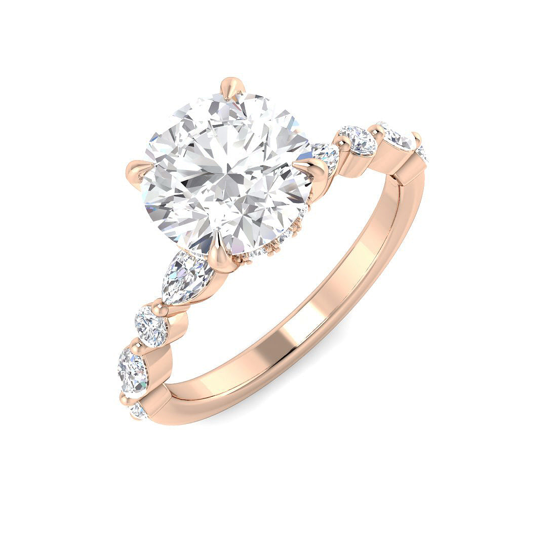 Rose gold ring with a large diamond and smaller diamonds on a white background