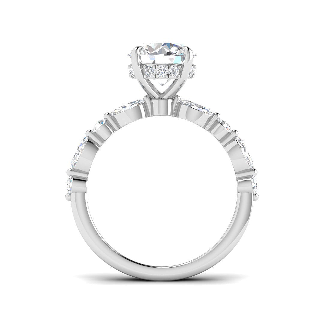 Diamond ring with a heart-shaped center stone on a white background