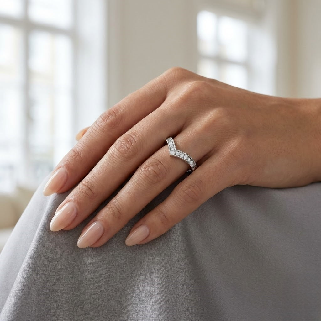 Modern wishbone diamond band UK hallmarked white gold