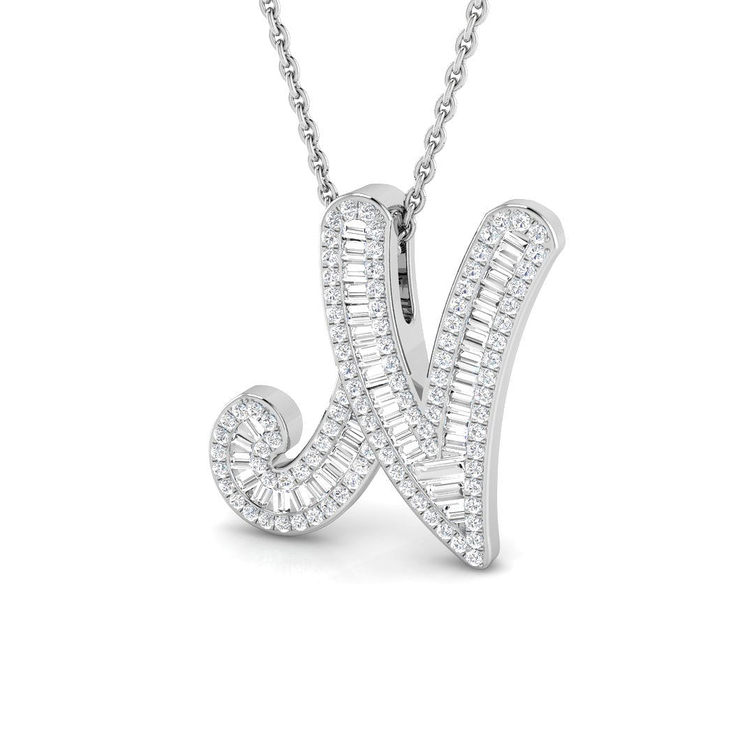 Diamond Script Initial Pendant with Baguette and Round Diamonds