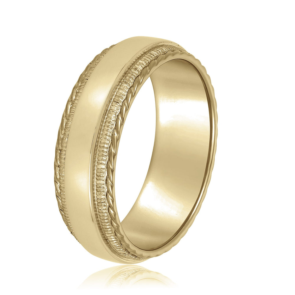 Slim Men's 5mm-8mm Milgrain Edge Gold Band with Brushed Centre