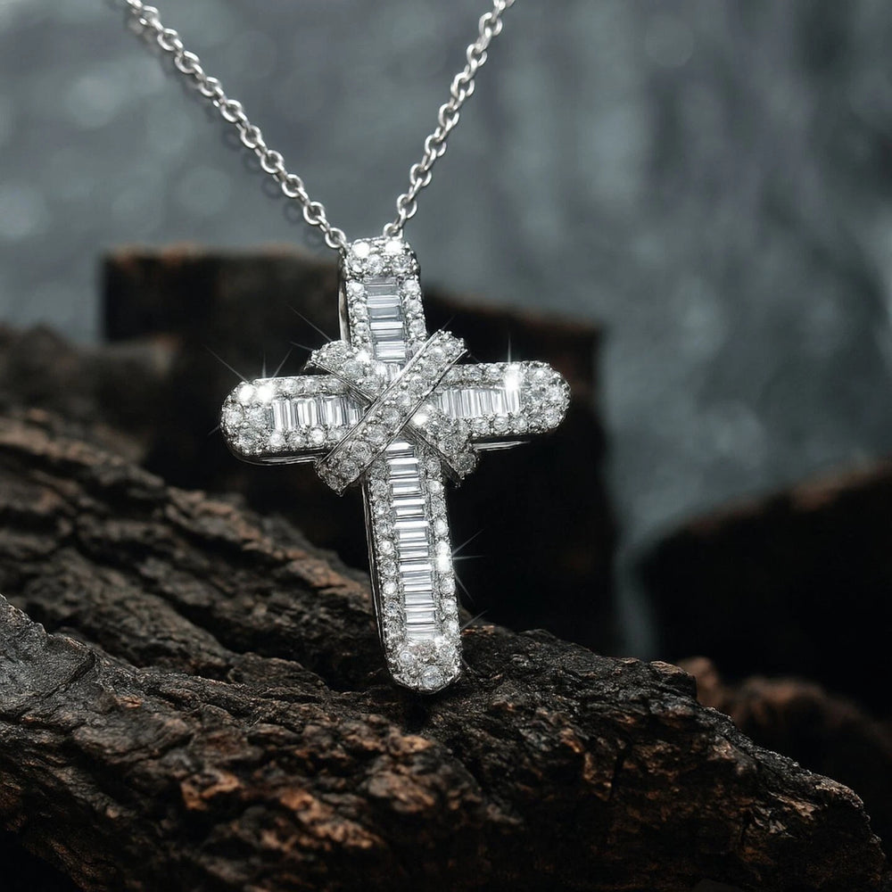 Natural Baguette & Round Diamond Cross Pendant In 9K Gold