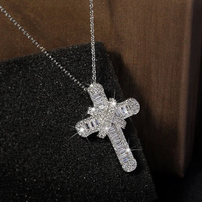 Natural Baguette & Round Diamond Cross Pendant In 9K White Gold