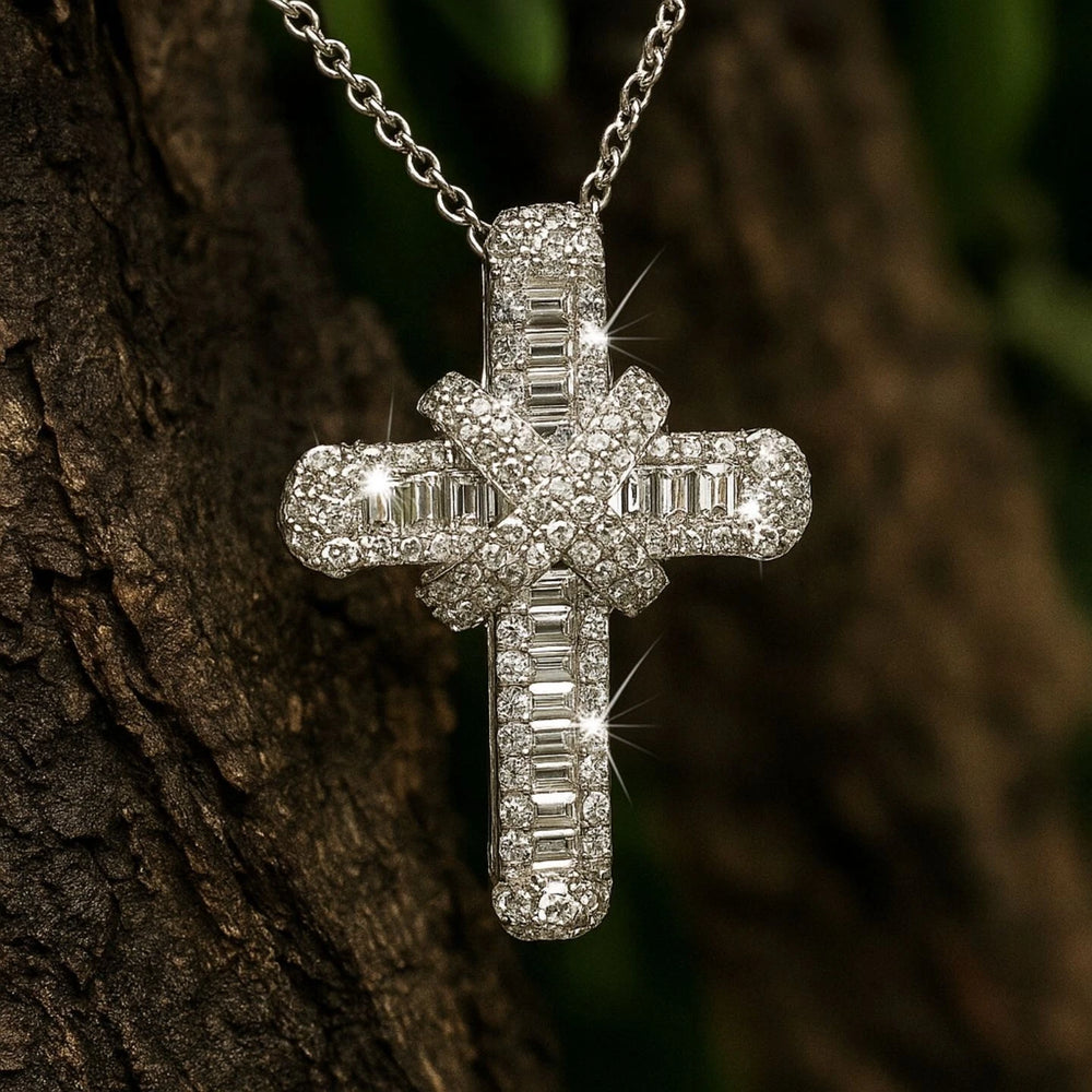 Natural Baguette & Round Diamond Cross Pendant In White Gold