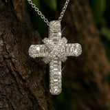 Natural Baguette & Round Diamond Cross Pendant In White Gold