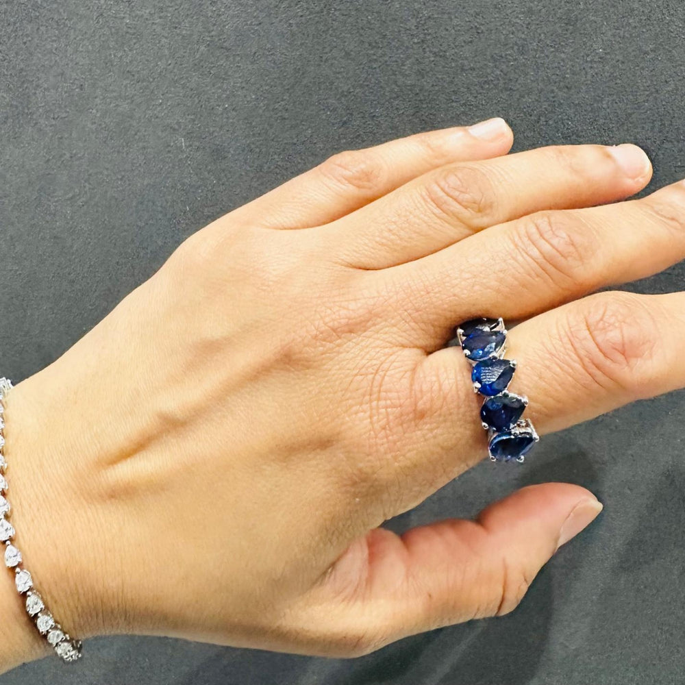 6.00Ct Natural Pear Cut Royal Blue Sapphire 5-Stone Gemstone Ring 14K White Gold