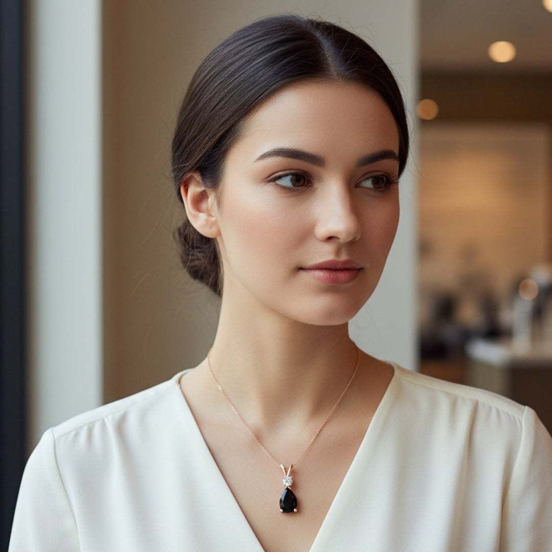 Pear Black Onyx & Diamond Rose Gold Pendant Necklace