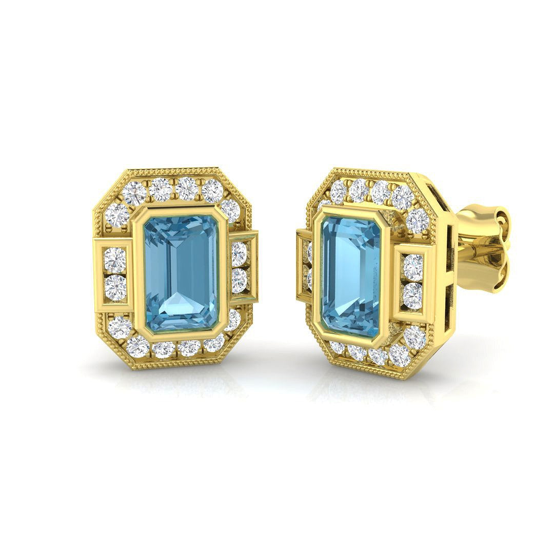 Sky Blue Topaz Prong-Set Stud Earrings with Round Natural Diamonds in 9K White Gold
