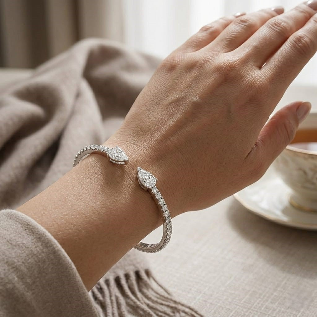 18K White Gold Natural Round Pave Open Cuff Diamond Bangle with Pear Solitaire Ends