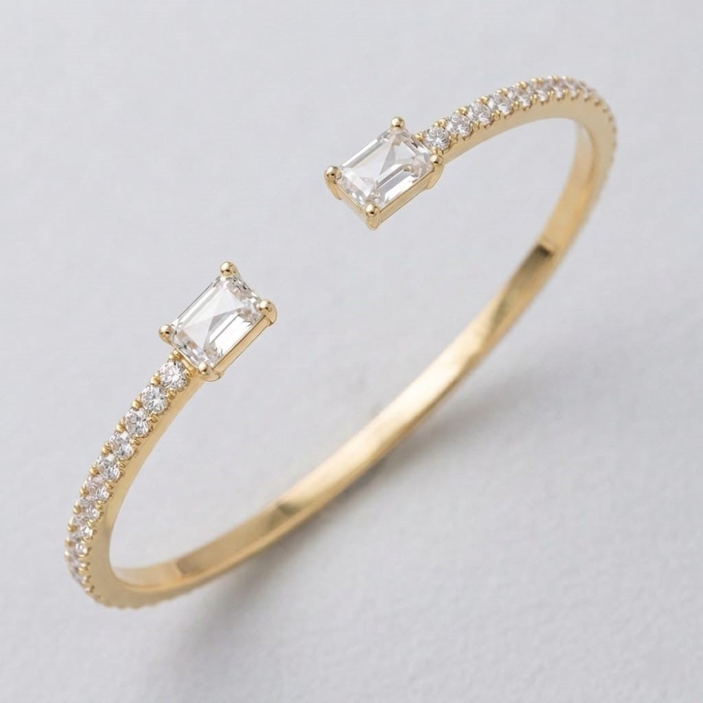 18K Yellow Gold Natural Round Pave Open Cuff Diamond Bangle with Emerald Solitaire Ends