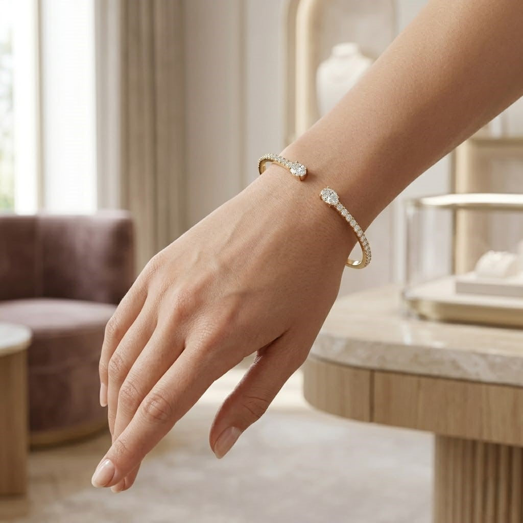 18K Yellow Gold Natural Round Pave Open Cuff Diamond Bangle with Oval Solitaire Ends