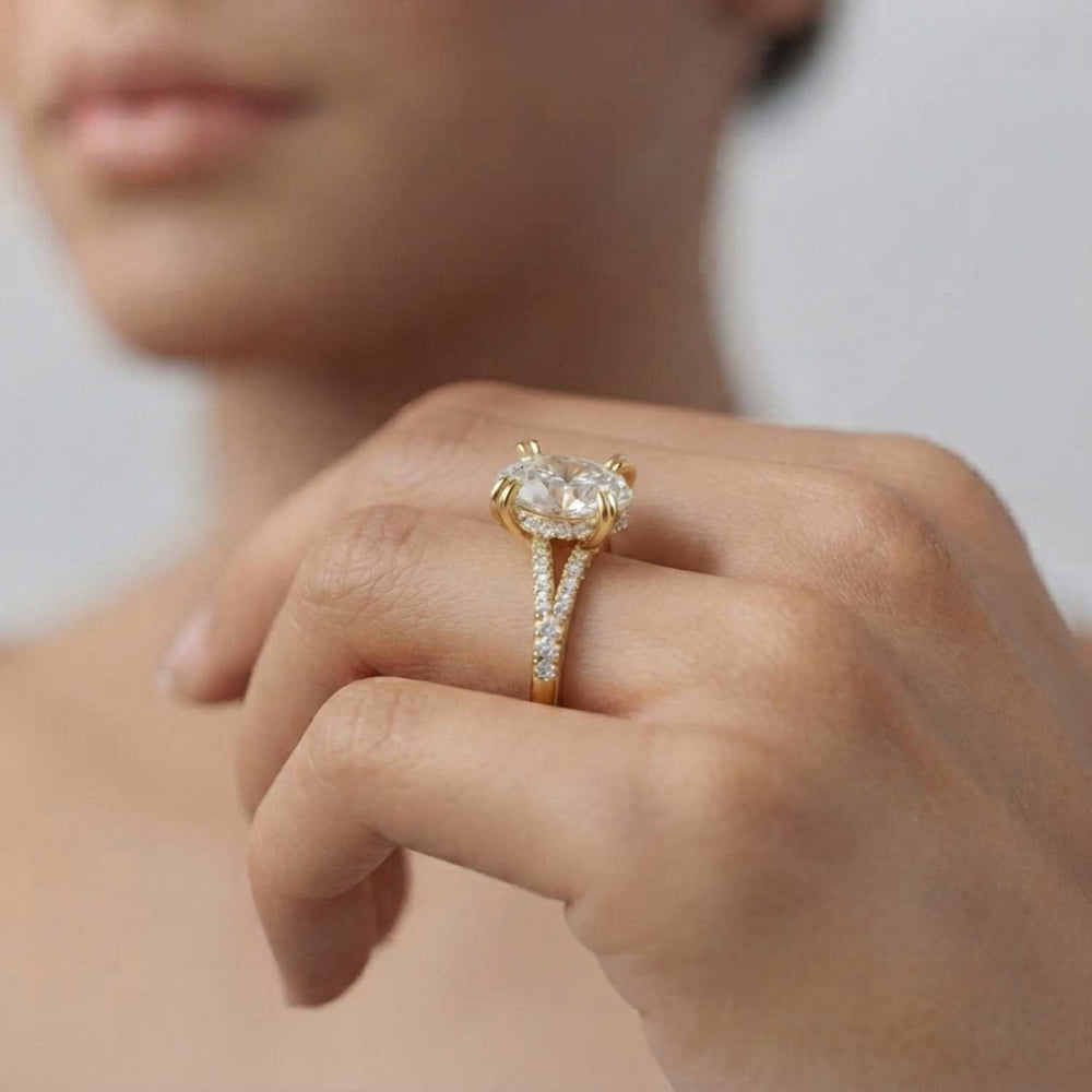 Oval Cut Diamond Engagement Ring with Double Pave Band in Gold white
