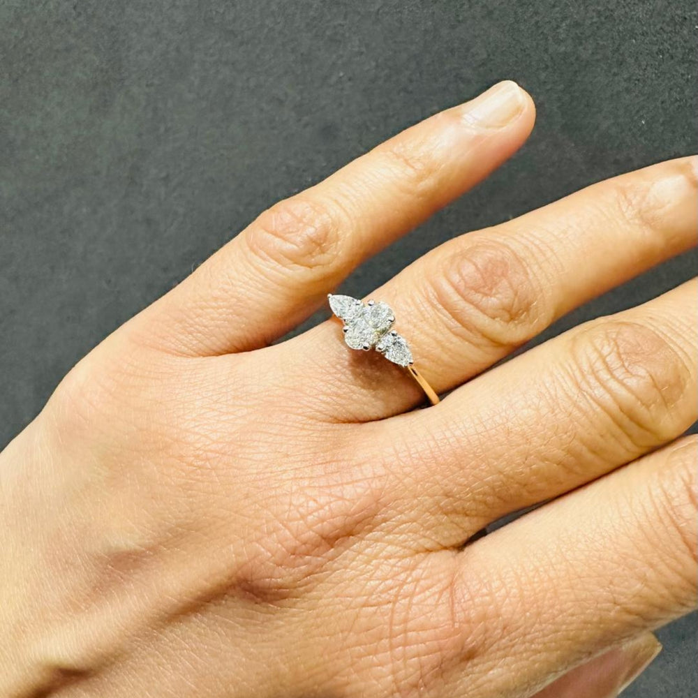 IGI Certified Oval Cut Lab Grown Diamond Three Stone Engagement Ring 18K Yellow Gold Pear Cut