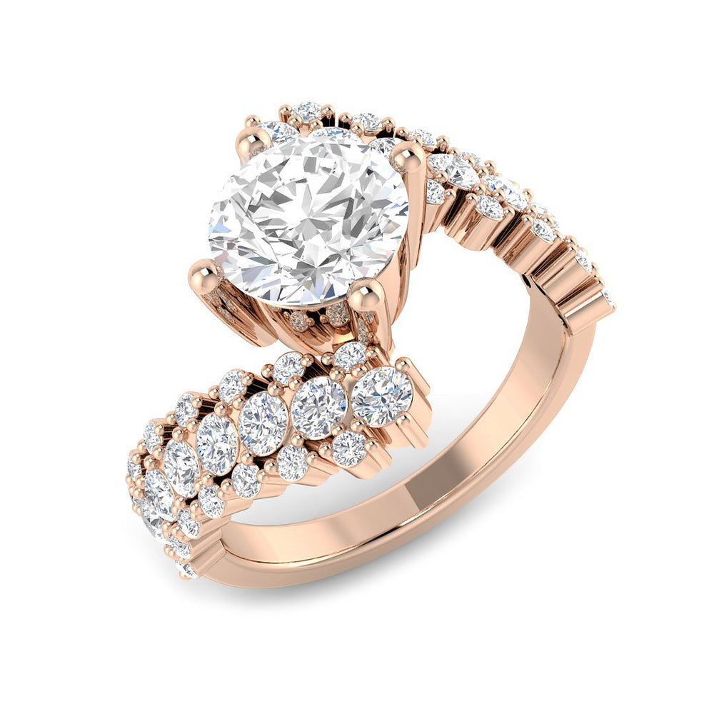 Rose gold ring with a large diamond and smaller diamonds on a white background