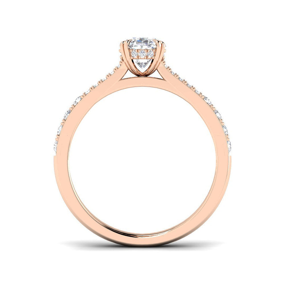 Oval cut diamond engagement ring in rose gold with sparkling pavé diamonds