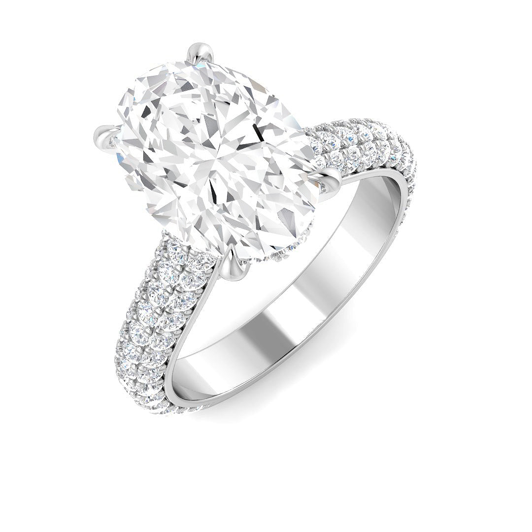 Oval cut diamond engagement ring with double pavé band in white gold