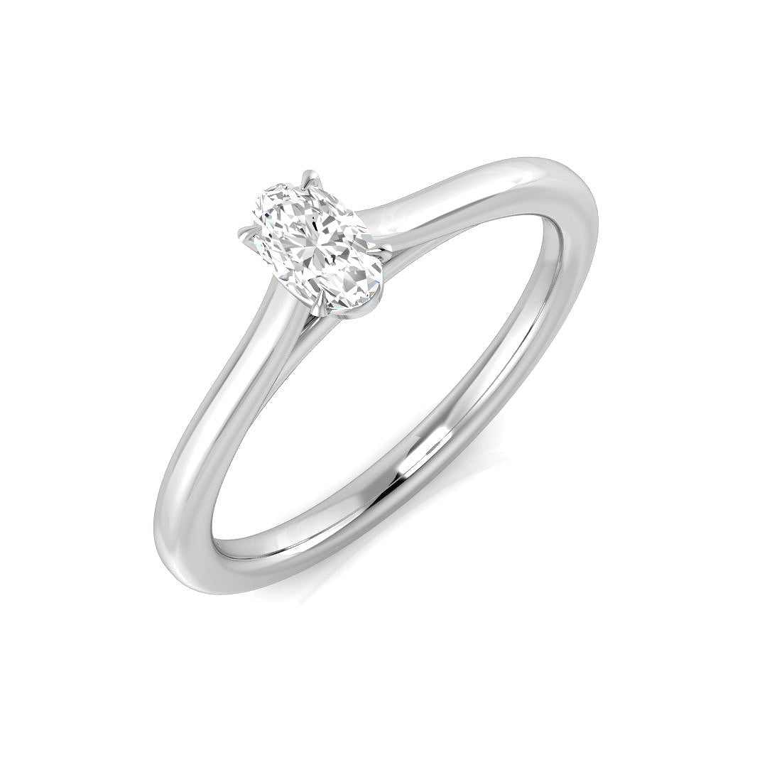 Oval cut diamond solitaire engagement ring in white gold with classic prong setting, available in natural or lab grown diamond.