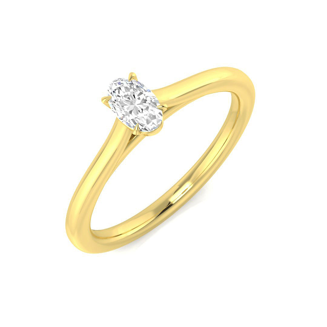 Oval cut diamond solitaire engagement ring in yellow gold featuring a brilliant oval solitaire diamond.