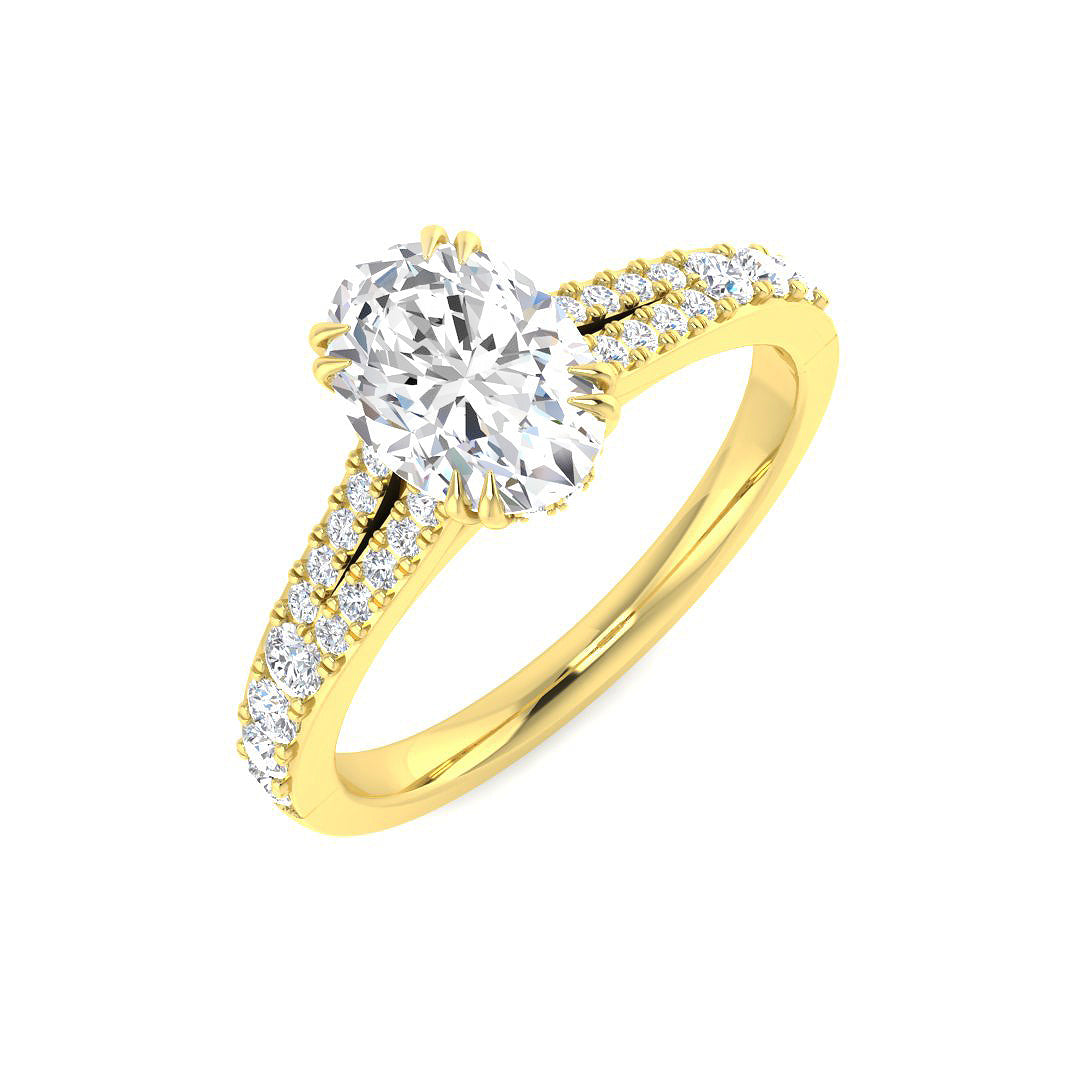 Oval diamond ring pavé split shank setting yellow gold