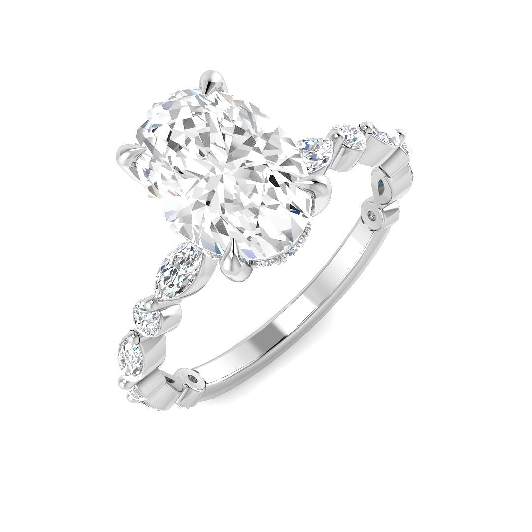Oval diamond solitaire engagement ring in white gold with marquise and round accent band