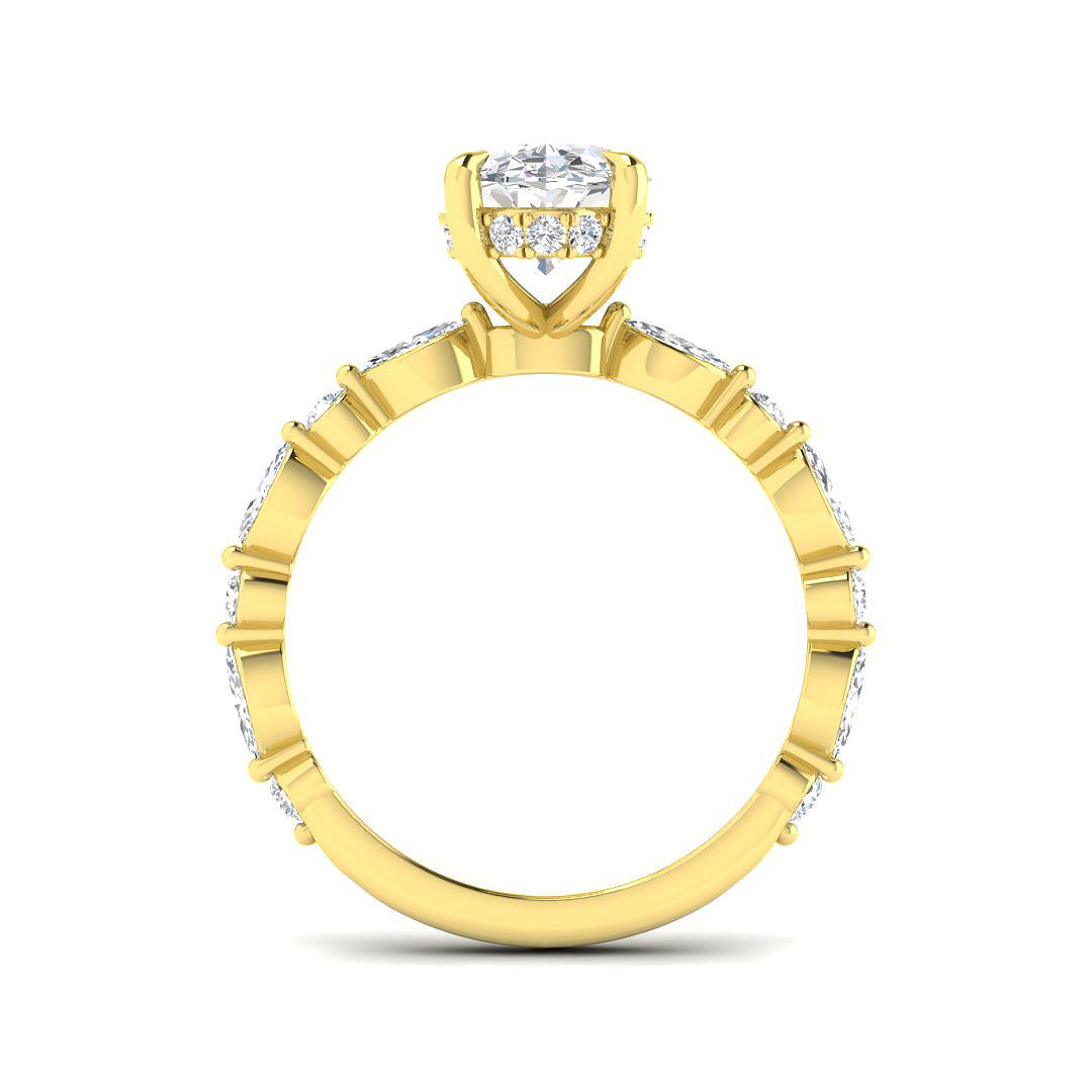 Oval diamond solitaire engagement ring in yellow gold with marquise and round accents