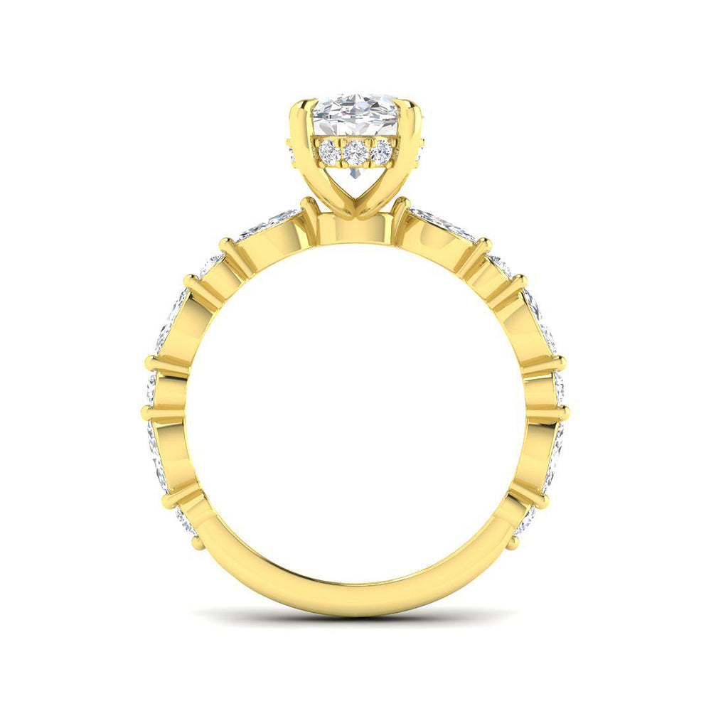 Oval diamond solitaire engagement ring in yellow gold with marquise and round accents