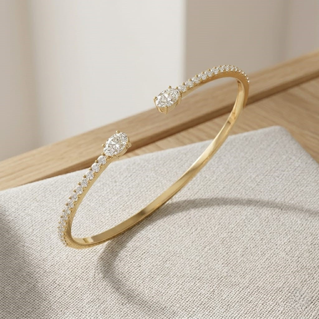 18K Yellow Gold Natural Round Pave Open Cuff Diamond Bangle with Oval Solitaire Ends